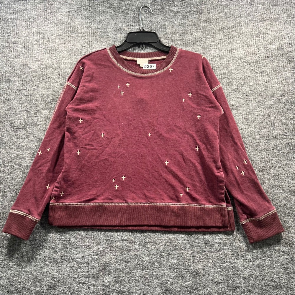Hem & Thread Burgundy Embroidered Cross Pullover Sweatshirt Small 5267